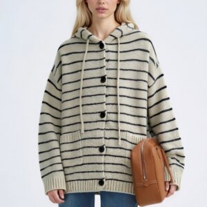 Stripe Hooded Retro Drawstring Pocket Plus Size Knit Cardigan