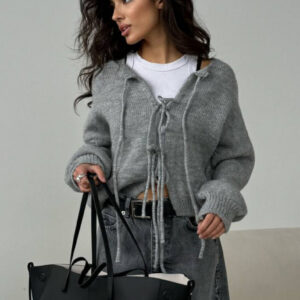 Solid Color Bow Tie Long Sleeve Knit Cardigan
